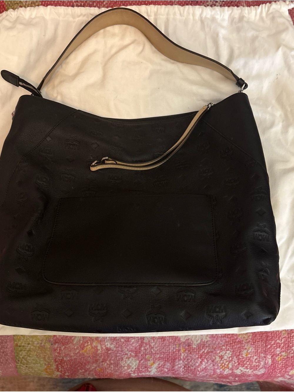 MCM Black Leather Hobo Shoulder Bag with Tan Strap Trim